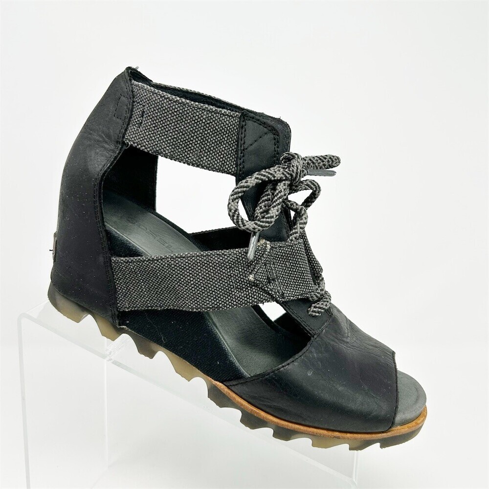 Sorel Joanie II Wedge Sandals Black Lace Up Woven Straps Open Toe Size 10